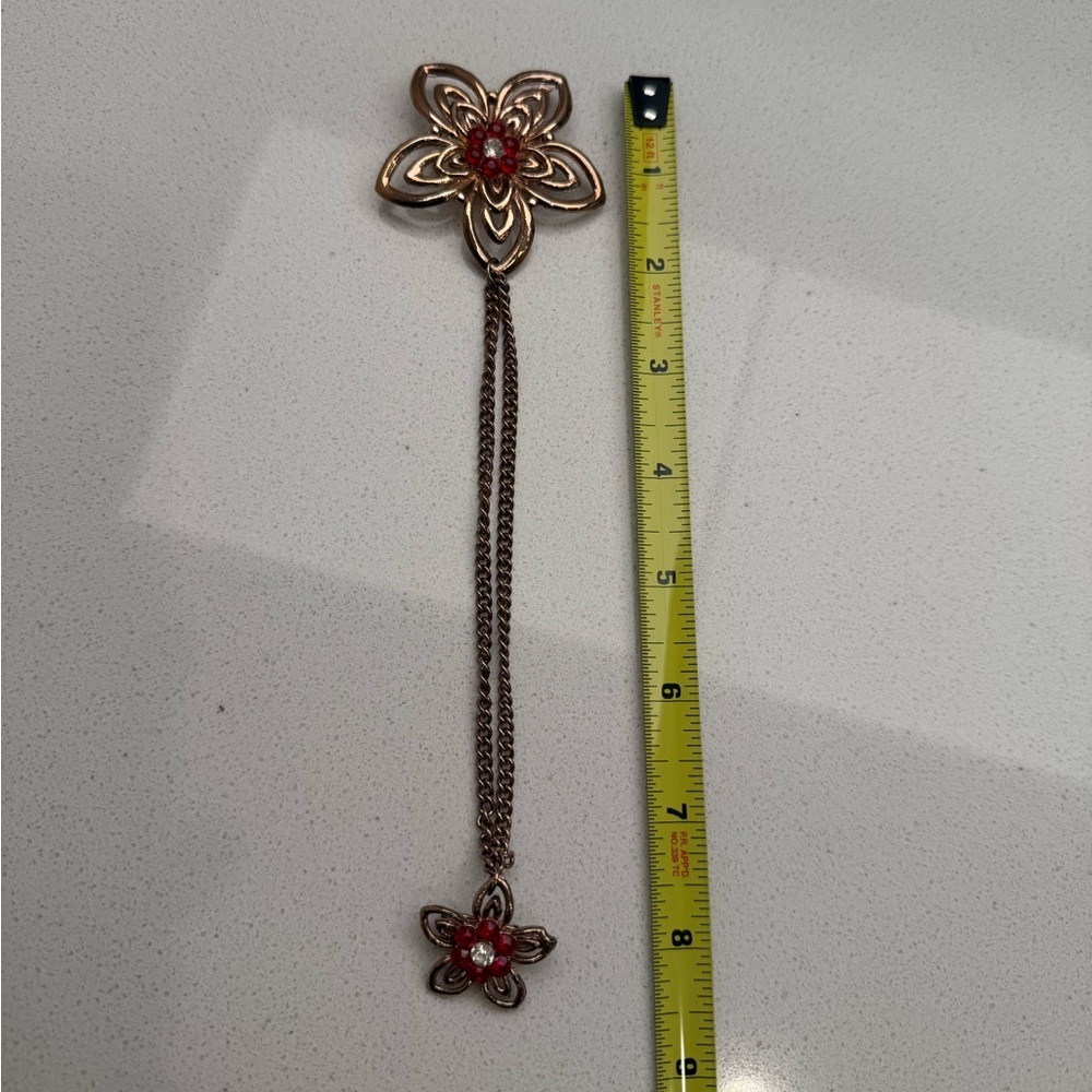 Vintage Flowers Double Brooch Sweater Chain Gold Tone Rhinestones Chatelaine - Picture 12 of 12